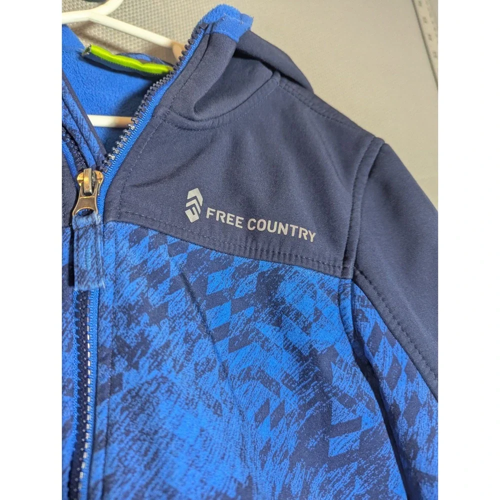 Free Country Blue Navy Geometric Softshell Hooded Fleece Lined Jacket Boy's 5/6